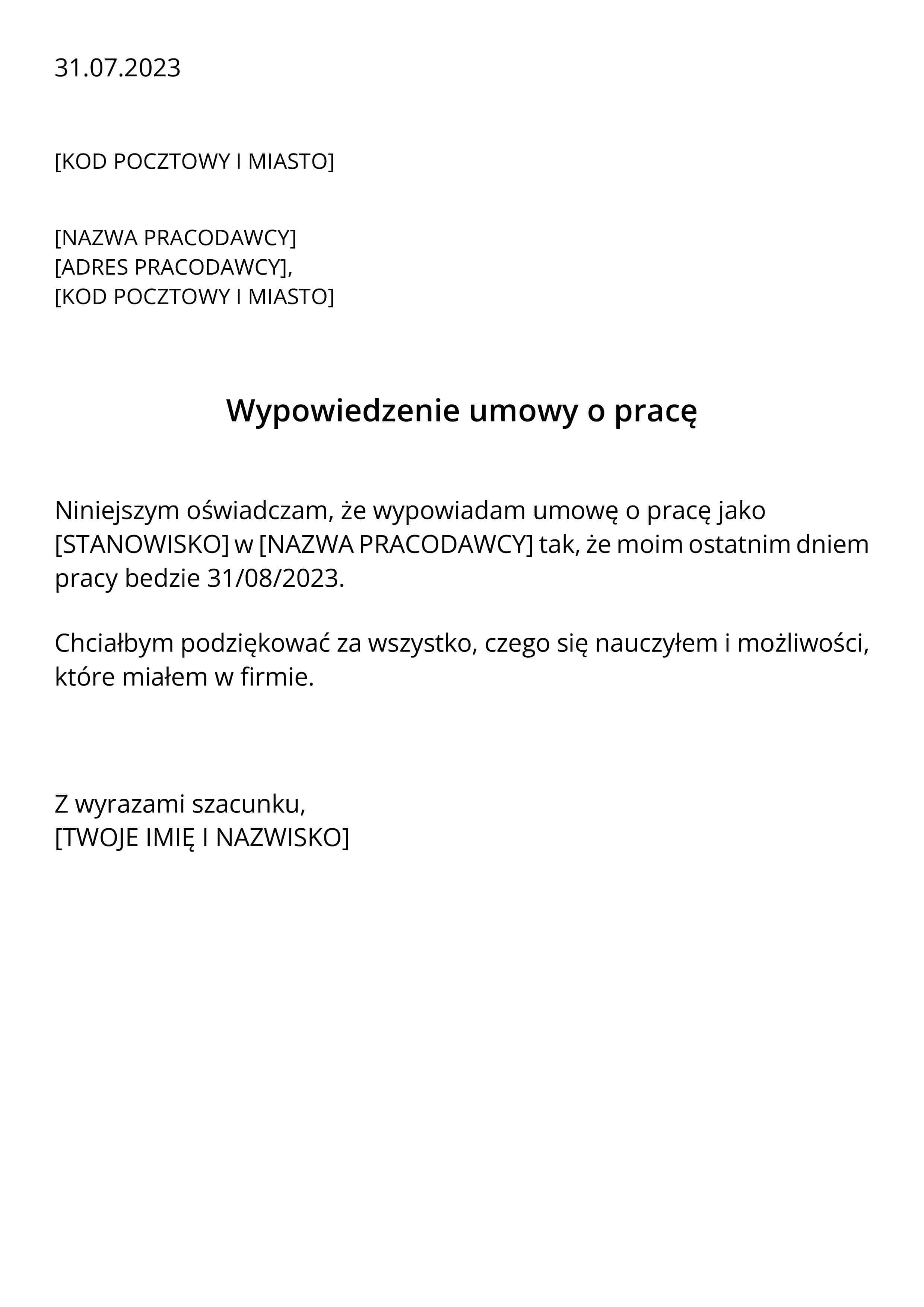 Wypowiedzenie umowy o pracę wzór - polski