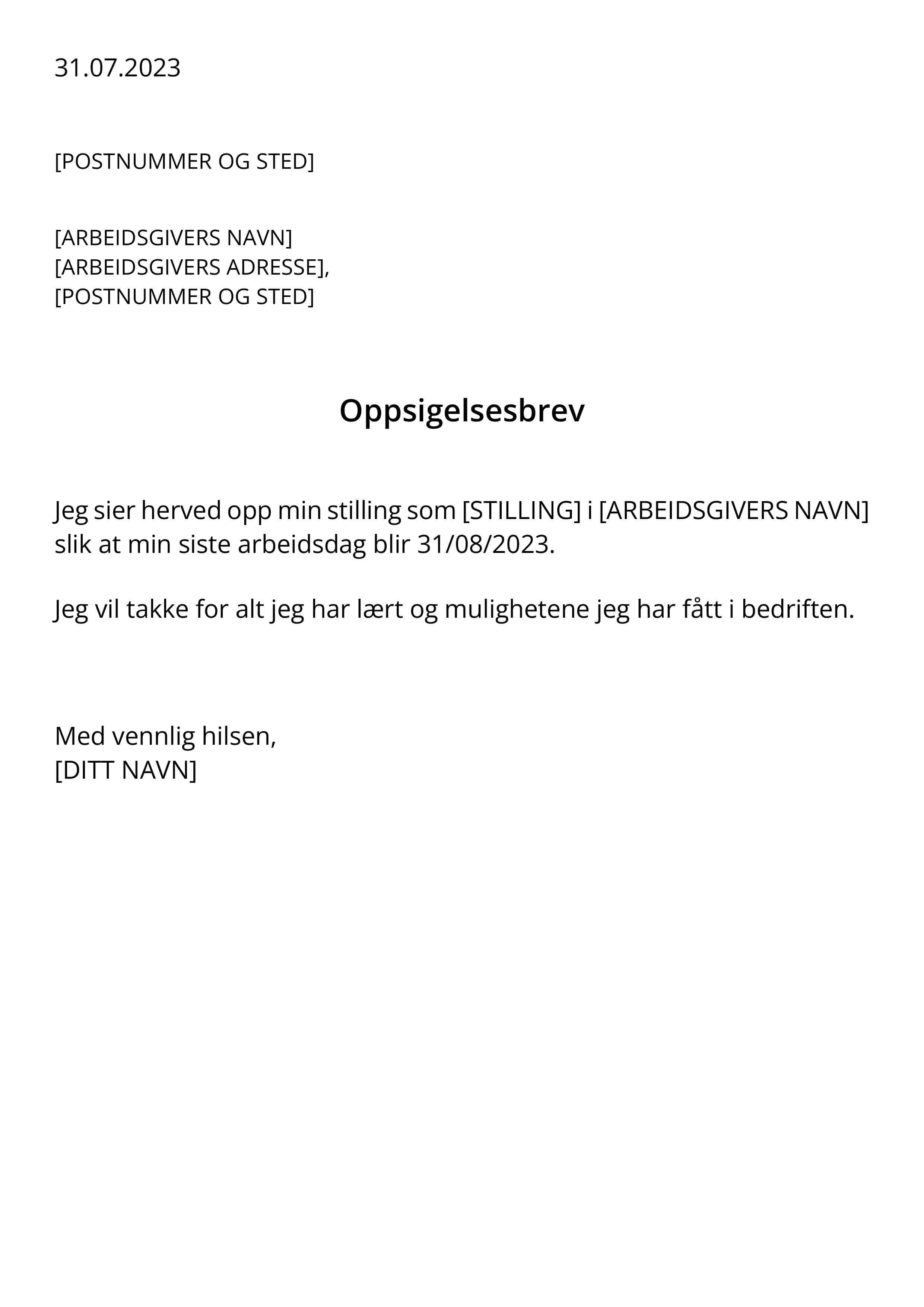 Eksempel oppsigelse mal PDF, oppsigelsesbrev mal - polsk